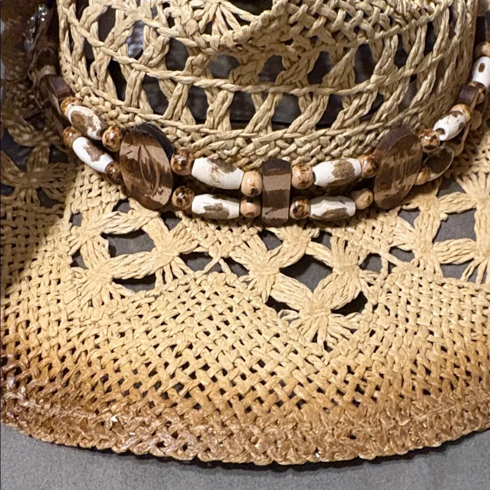Straw Crochet Cowboy Hat with Bead Band - Natural - Picture 5 of 7